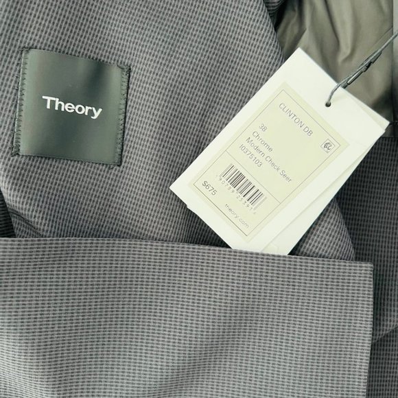 Theory Clinton Double-Breasted Chrome Modern Check Blazer in Seer - Picture 3 of 3